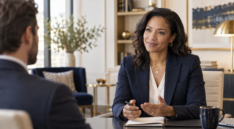 A poised professional participating in an interview conversation